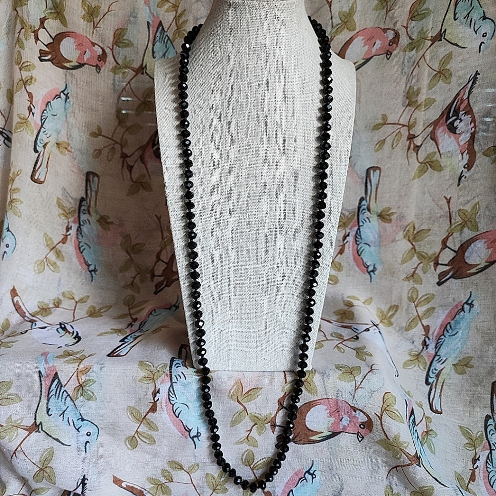 Long Faceted Jet Black Glass Pullover Vintage Necklace EUC Signed GREAT MATBY